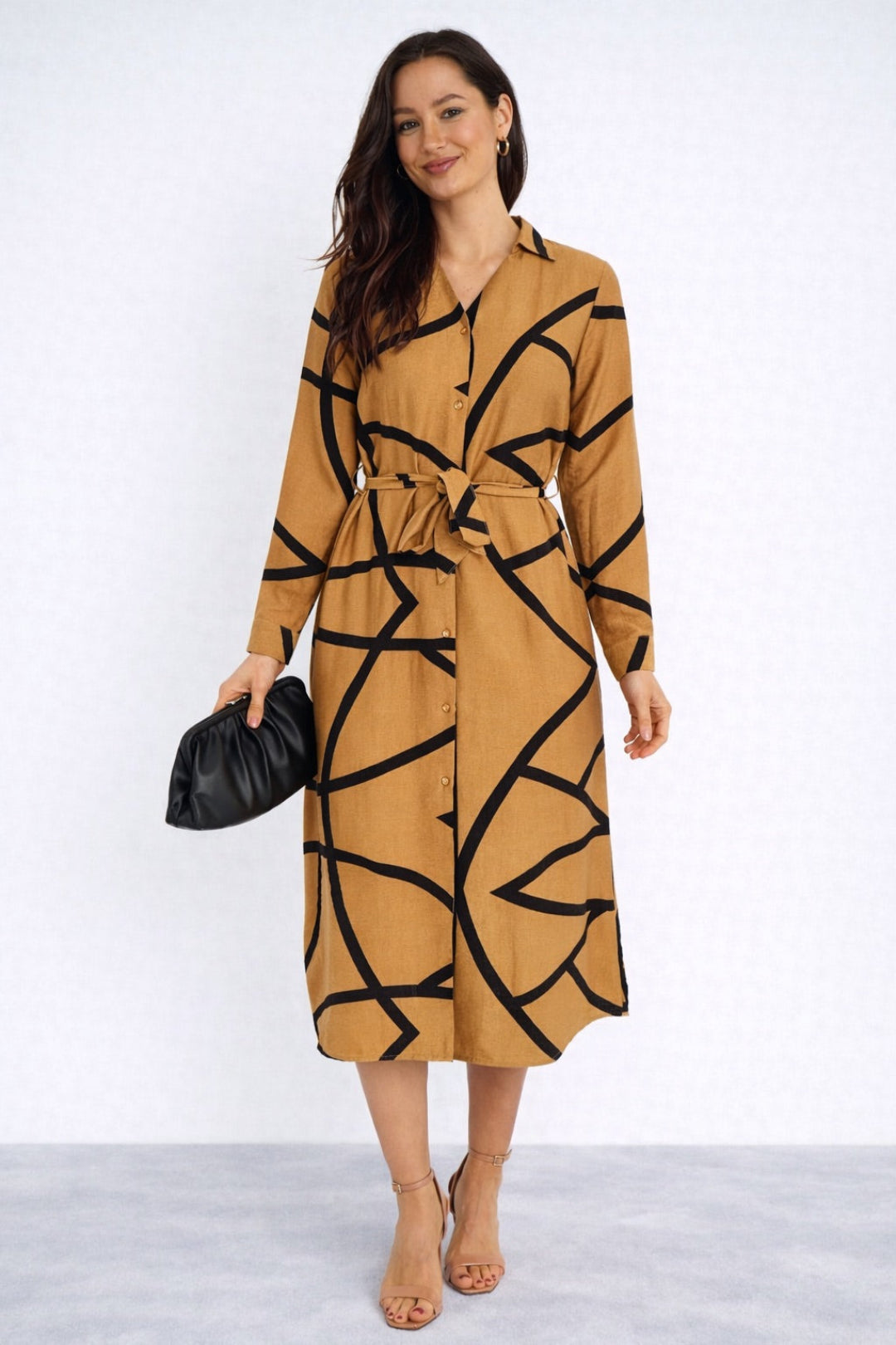 8Pcs Mustard Abstract Line Print Belted Shirt Dress