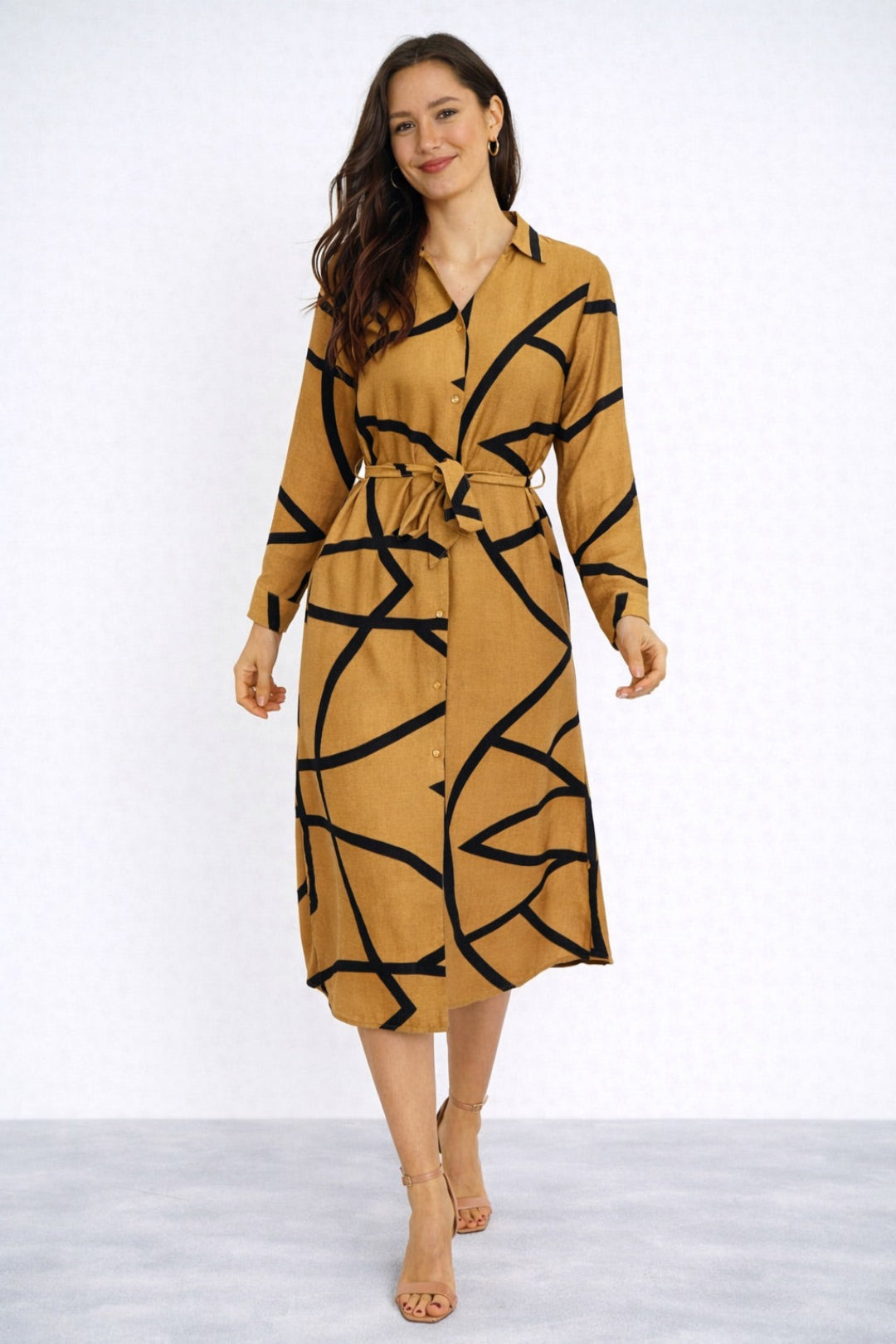 8Pcs Mustard Abstract Line Print Belted Shirt Dress