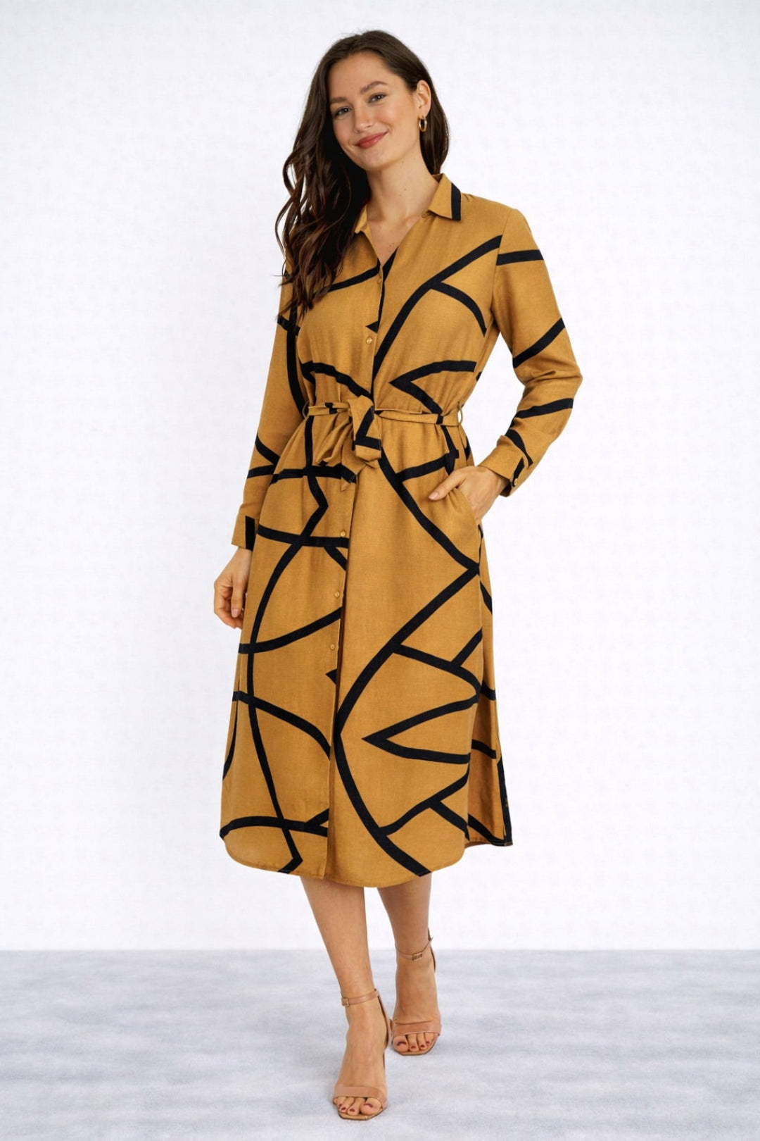 8Pcs Mustard Abstract Line Print Belted Shirt Dress