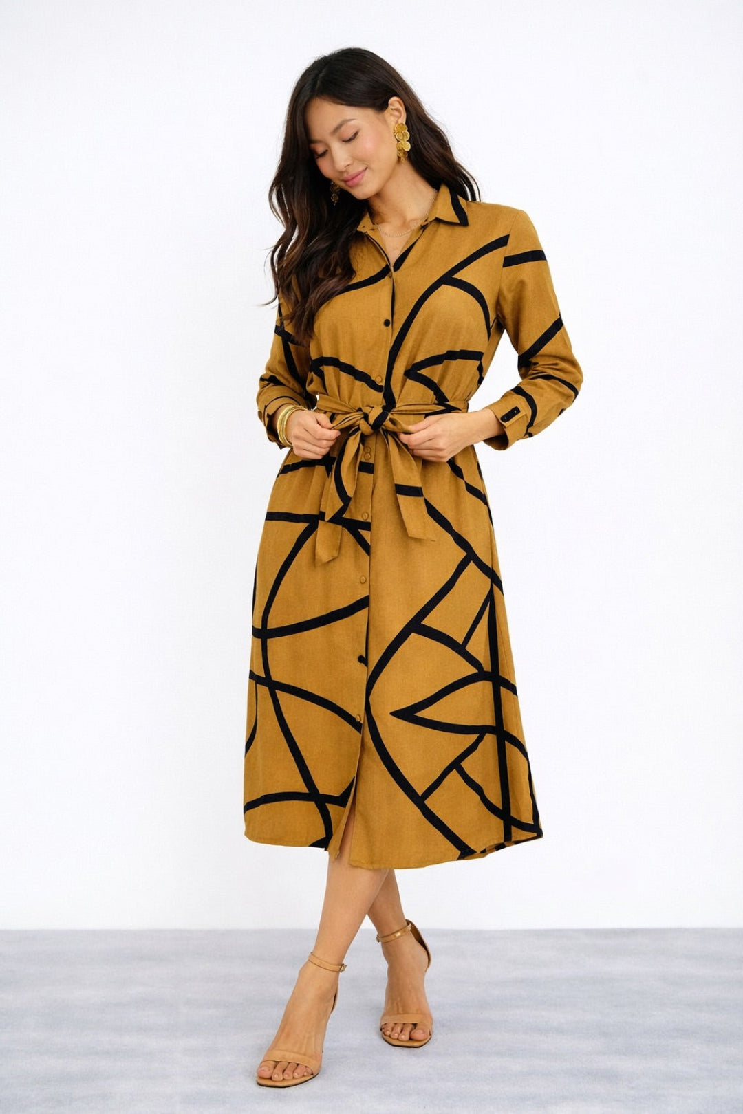 8Pcs Mustard Abstract Line Print Belted Shirt Dress