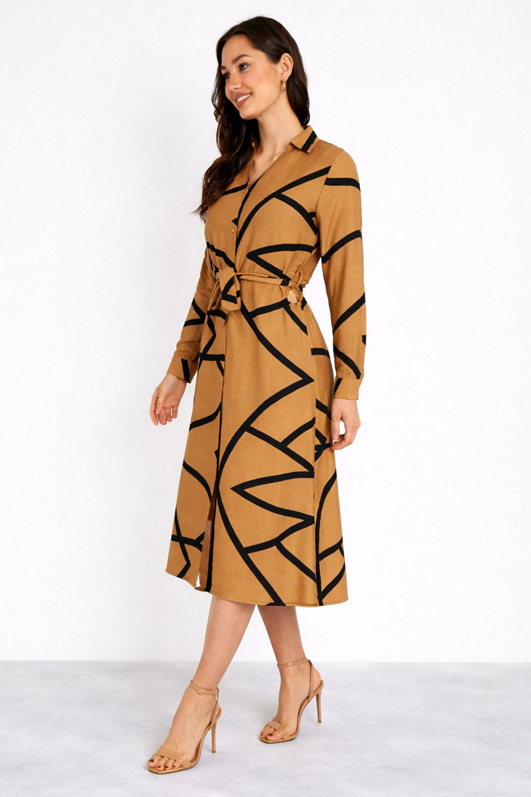8Pcs Mustard Abstract Line Print Belted Shirt Dress