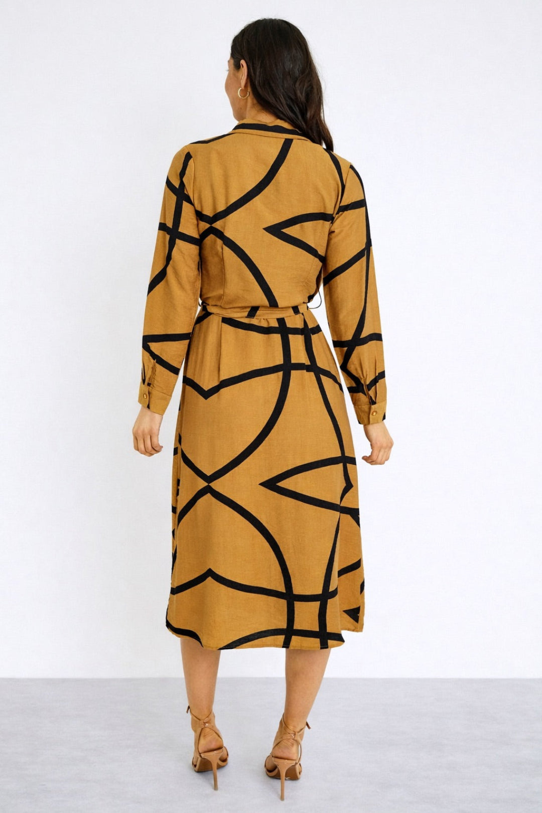 8Pcs Mustard Abstract Line Print Belted Shirt Dress