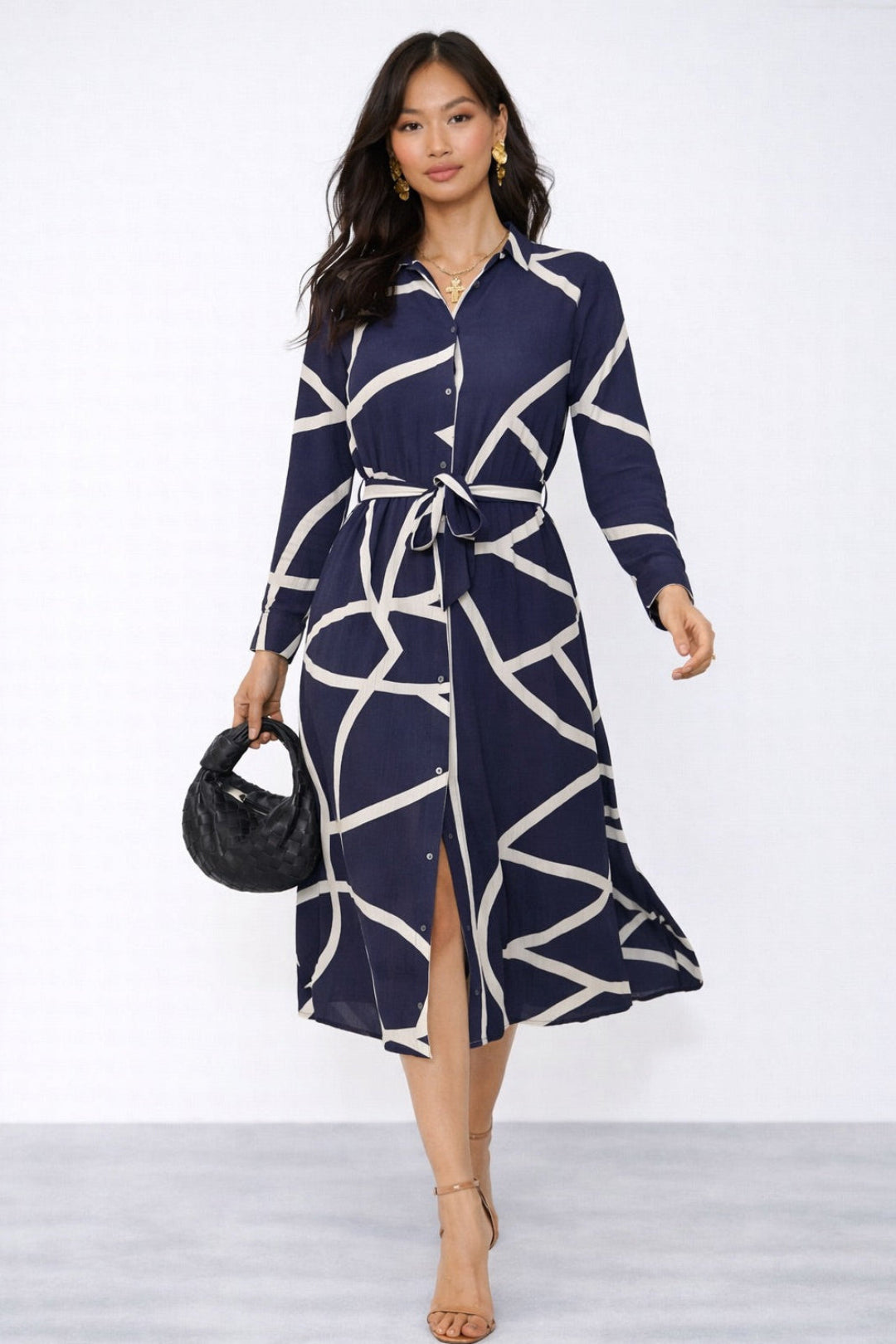 8Pcs Navy Abstract Line Print Belted Shirt Dress