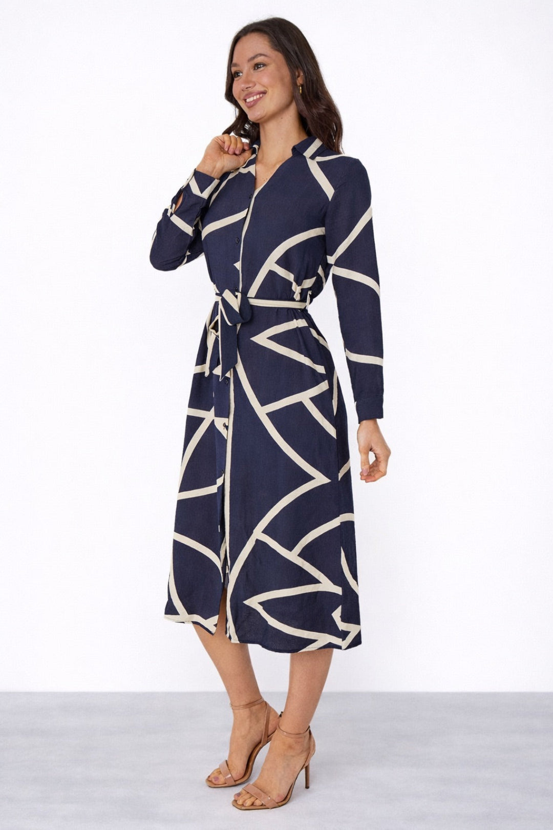 8Pcs Navy Abstract Line Print Belted Shirt Dress