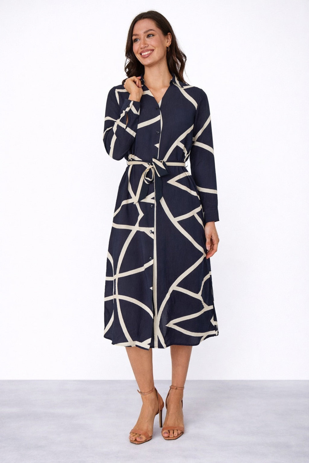 8Pcs Navy Abstract Line Print Belted Shirt Dress