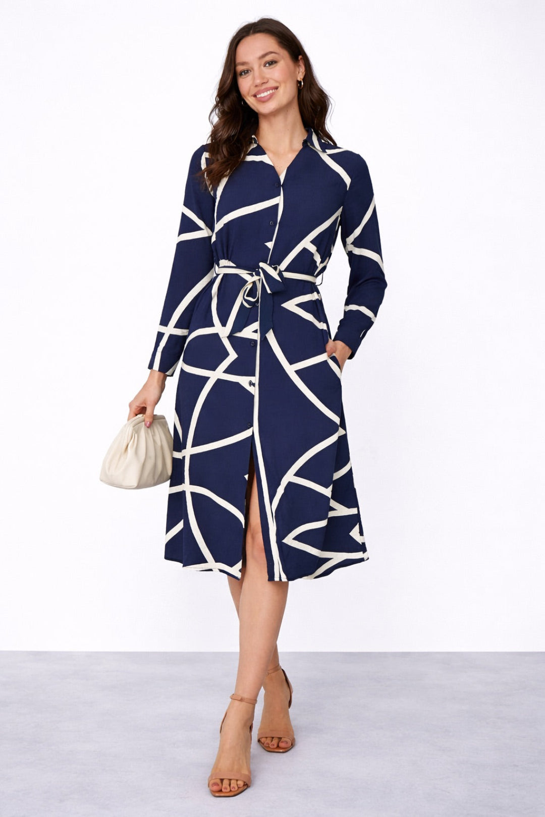 8Pcs Navy Abstract Line Print Belted Shirt Dress