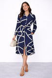 8Pcs Navy Abstract Line Print Belted Shirt Dress