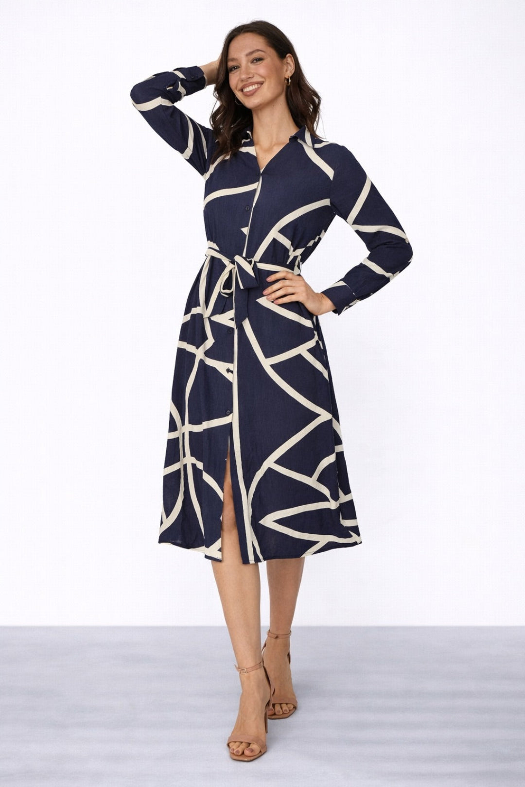 8Pcs Navy Abstract Line Print Belted Shirt Dress