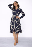 8Pcs Navy Abstract Line Print Belted Shirt Dress