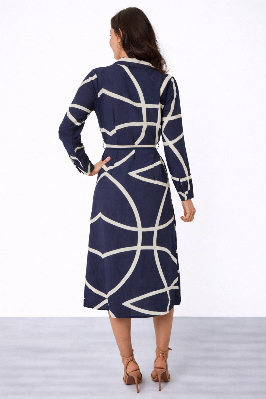 8Pcs Navy Abstract Line Print Belted Shirt Dress