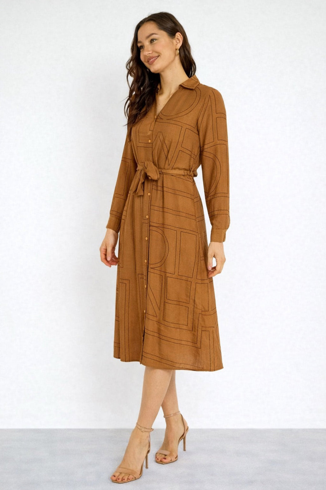8Pcs Tan Modern Line Print Belted Shirt Dress
