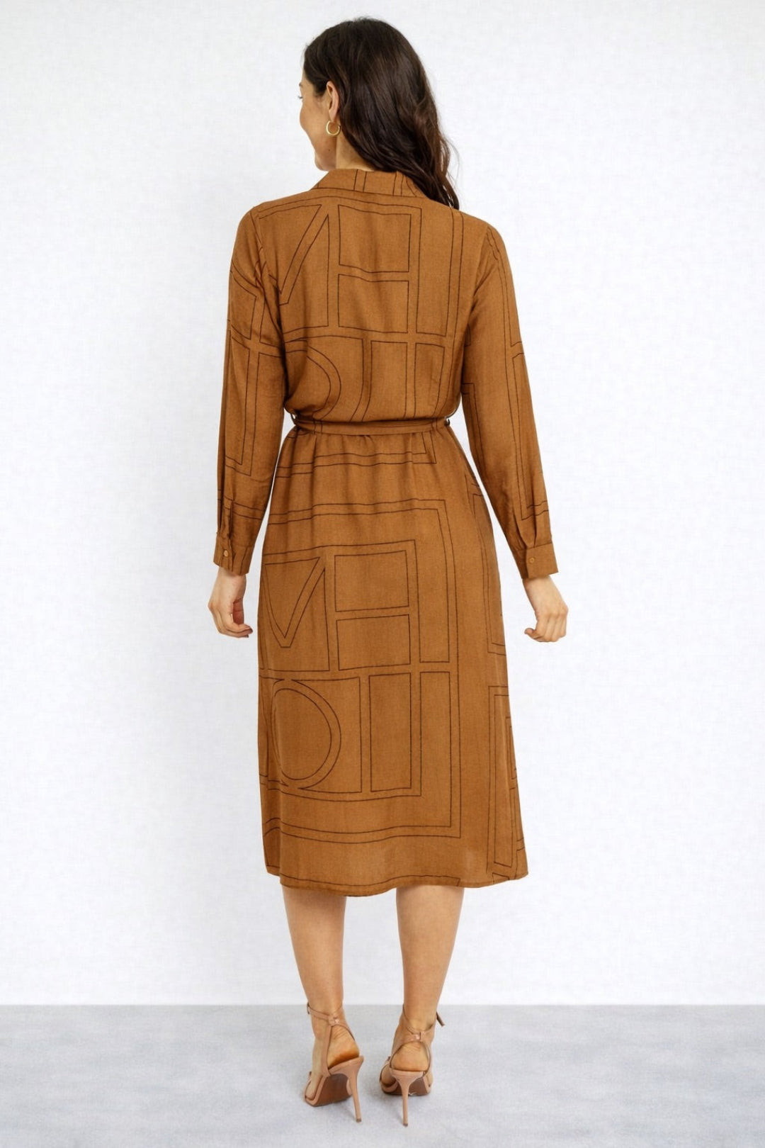 8Pcs Tan Modern Line Print Belted Shirt Dress