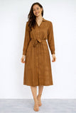 8Pcs Tan Modern Line Print Belted Shirt Dress