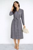 8Pcs Grey Modern Line Print Belted Shirt Dress