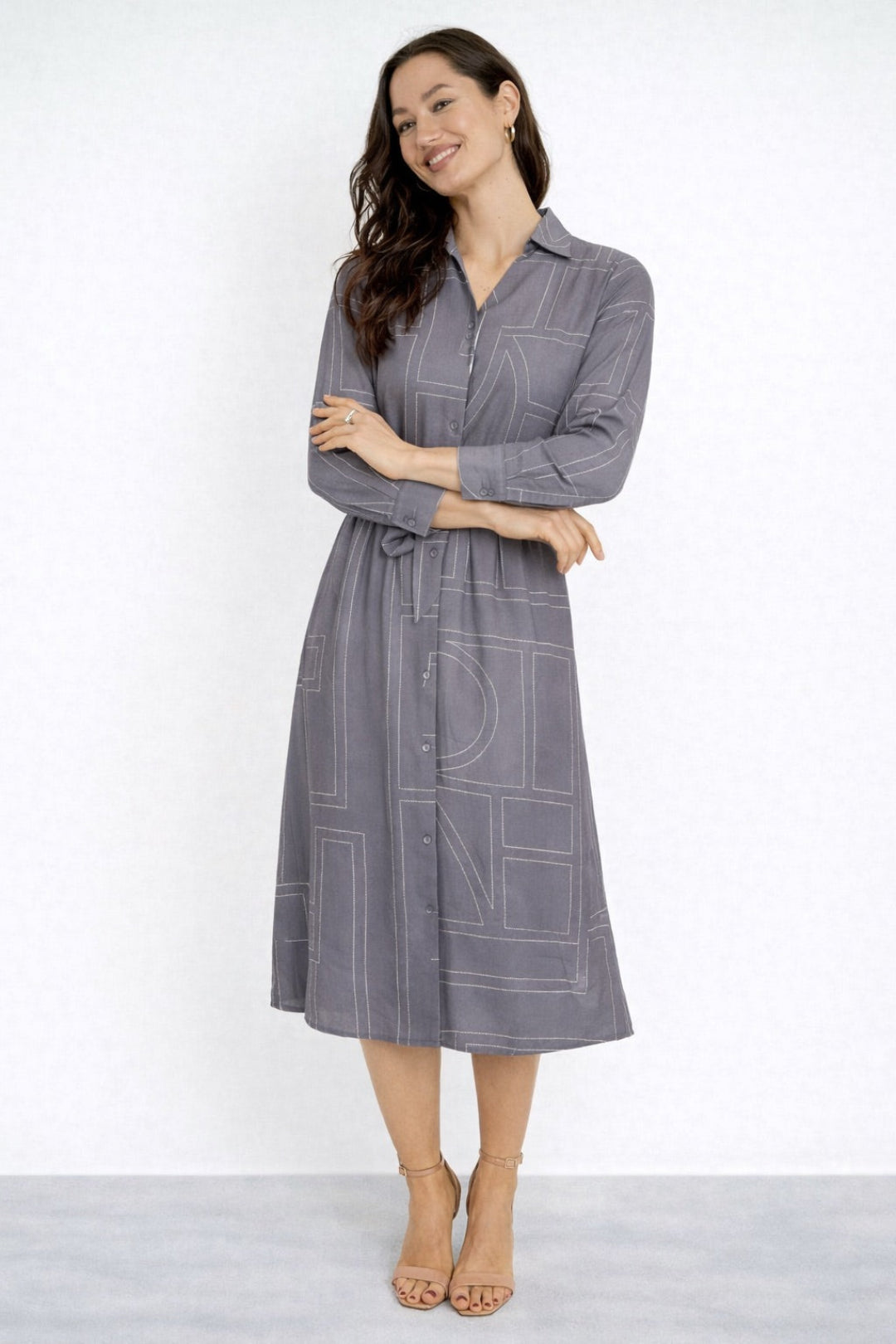 8Pcs Grey Modern Line Print Belted Shirt Dress