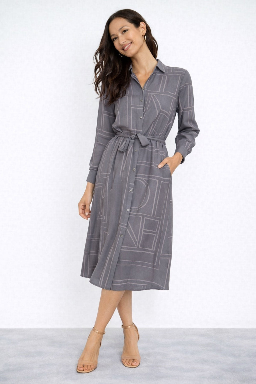 8Pcs Grey Modern Line Print Belted Shirt Dress
