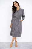 8Pcs Grey Modern Line Print Belted Shirt Dress
