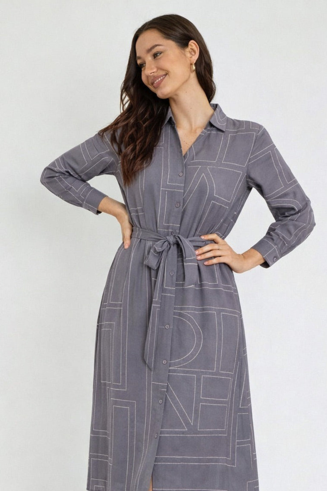 8Pcs Grey Modern Line Print Belted Shirt Dress