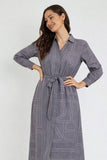 8Pcs Grey Modern Line Print Belted Shirt Dress