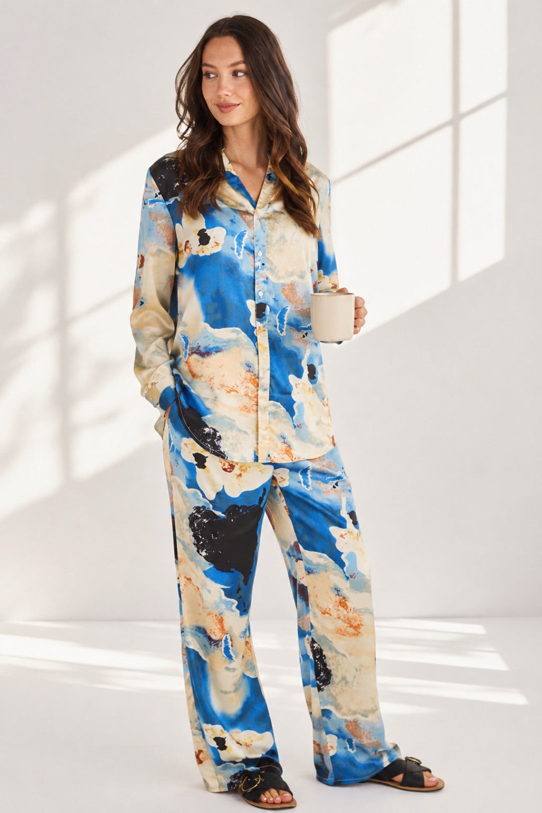 Love Sunshine Blue Abstract Print Satin Shirt and Trouser Set Co ord sets LS-5002 LS-5002&9057 LS-9057