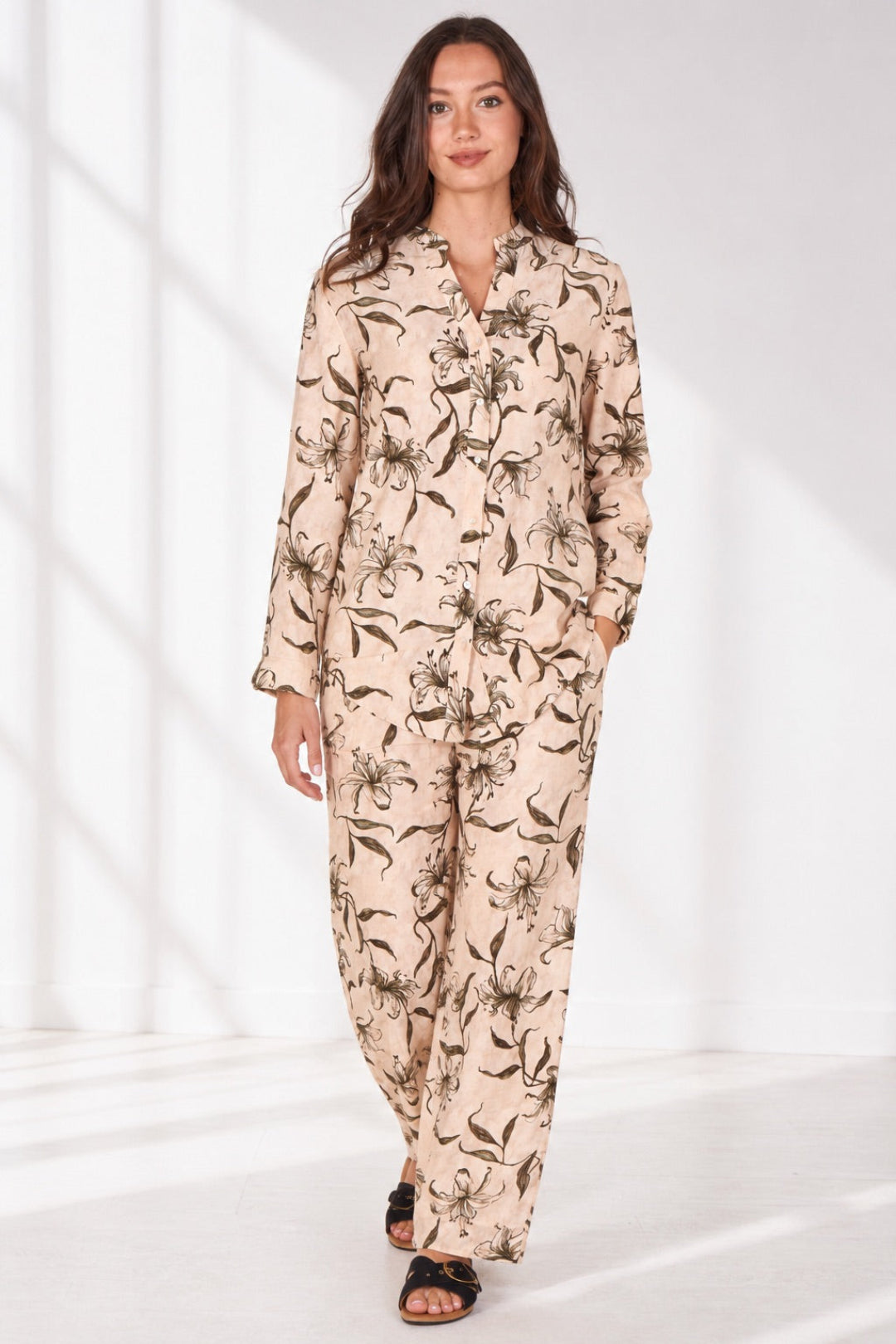 Love Sunshine Beige Lily Print Shirt and Trouser Set Co ord sets LS-5002 LS-5002&9057 LS-9057