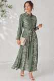 8Pcs Sage Coral Print Belted Maxi Shirt Dress