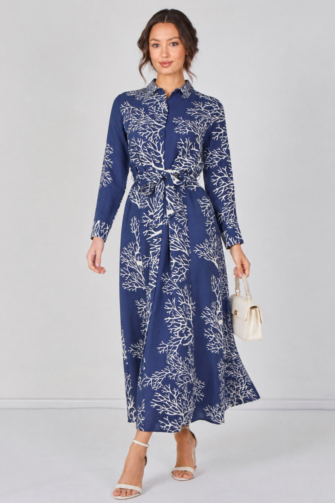 8Pcs Navy Coral Print Belted Maxi Shirt Dress