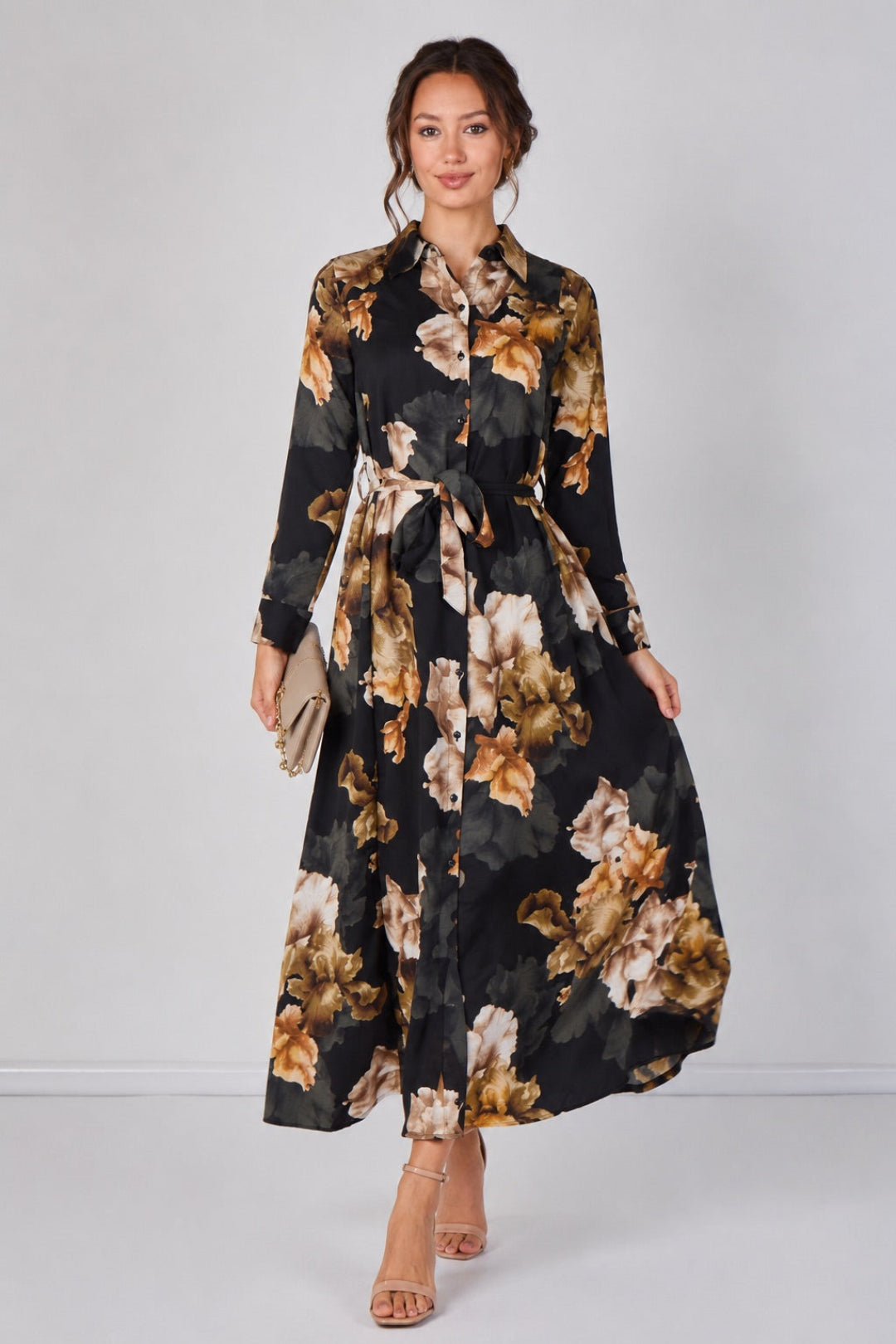 8Pcs Black Iris Floral Belted Maxi Shirt Dress