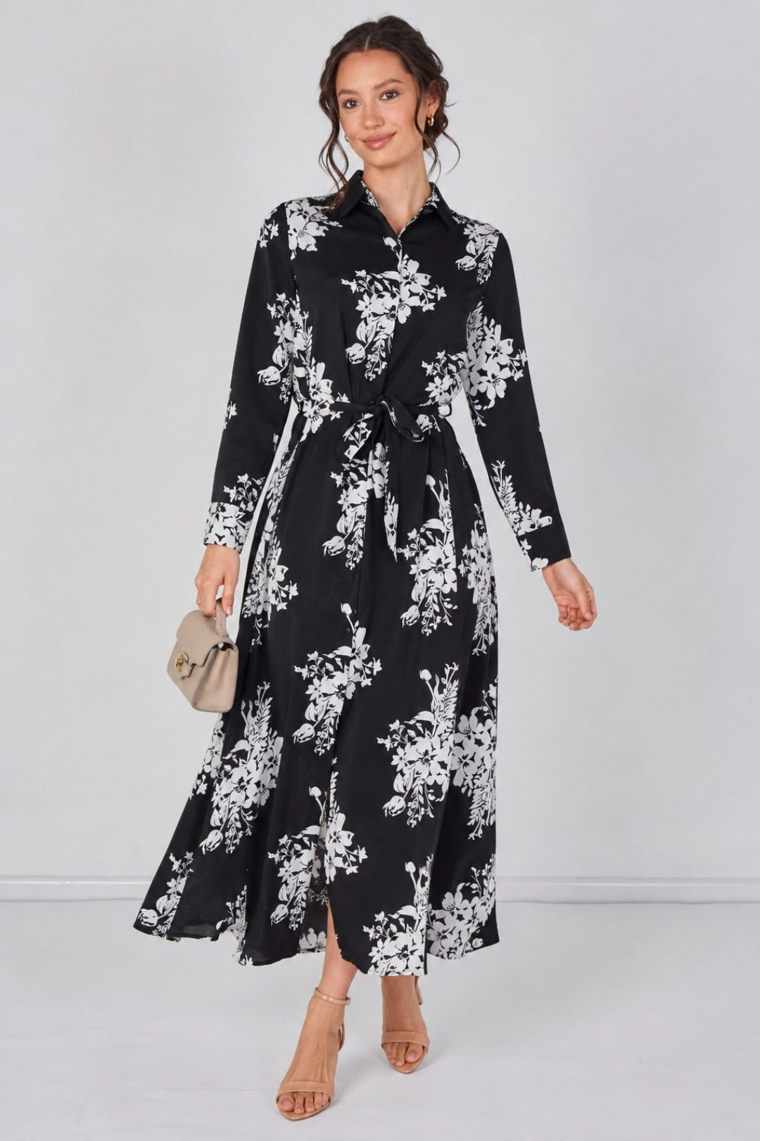 8Pcs Black and White Floral Belted Maxi Shirt Dress