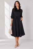 Love Sunshine Plain Black Velvety Satin Belted Midi Shirt Dress Brunch Dress Casual Dress Dress with Pockets Dresses Everyday Dress LS-2045 Workwear Dress