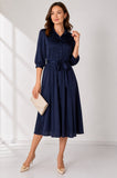 Love Sunshine Plain Navy Velvety Satin Belted Midi Shirt Dress Brunch Dress Casual Dress Dress with Pockets Dresses Everyday Dress LS-2045 Workwear Dress
