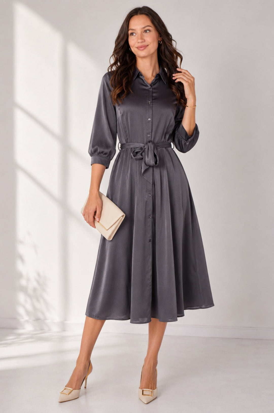 Love Sunshine Plain Grey Velvety Satin Belted Midi Shirt Dress Brunch Dress Casual Dress Dress with Pockets Dresses Everyday Dress LS-2045 Workwear Dress
