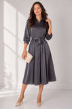 Love Sunshine Plain Grey Velvety Satin Belted Midi Shirt Dress Brunch Dress Casual Dress Dress with Pockets Dresses Everyday Dress LS-2045 Workwear Dress