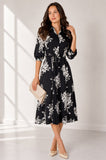 Love Sunshine Black Ivory Bouquet Print Belted Midi Shirt Dress Brunch Dress Casual Dress Dress with Pockets Dresses Everyday Dress LS-2045 Workwear Dress