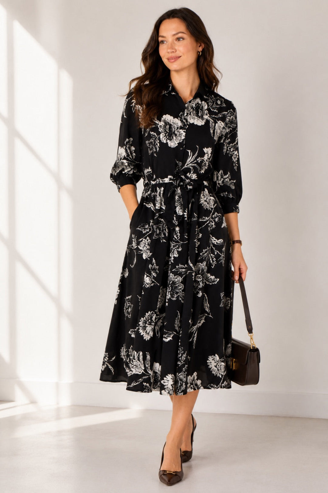 Love Sunshine Black and White Sketch Floral Belted Midi Shirt Dress Brunch Dress Casual Dress Dress with Pockets Dresses Everyday Dress LS-2045 Workwear Dress