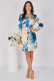 8Pcs Blue Watercolour Marble Print Belted Shirt Dress