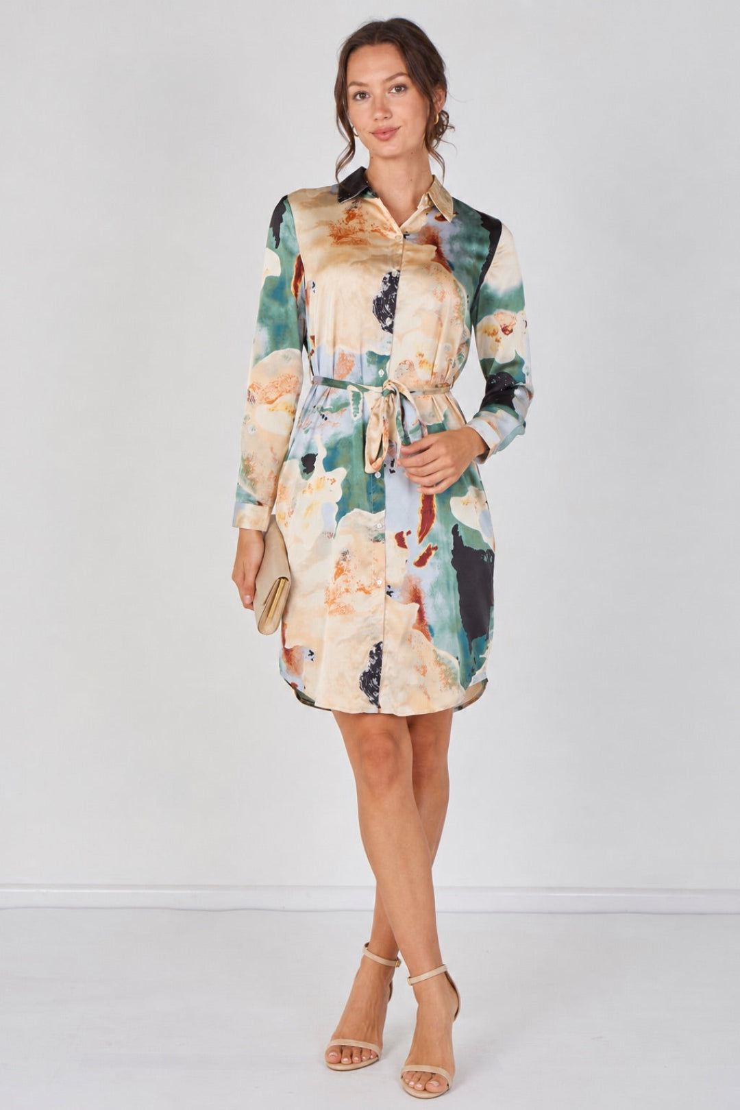 8Pcs Teal Watercolour Marble Print Belted Shirt Dress