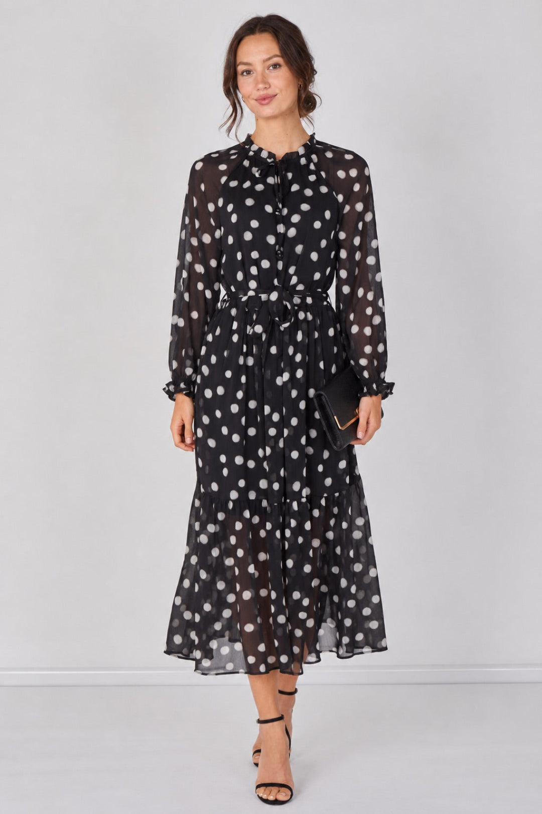 8Pcs Black Polka Dot Chiffon Belted Maxi Dress