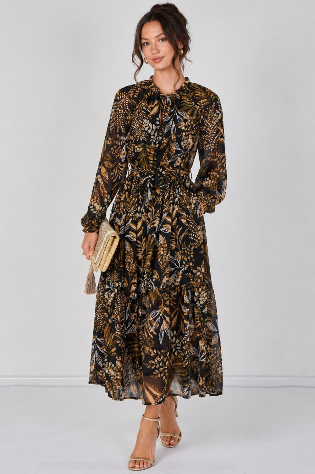 8Pcs Black Botanical Chiffon Belted Maxi Dress