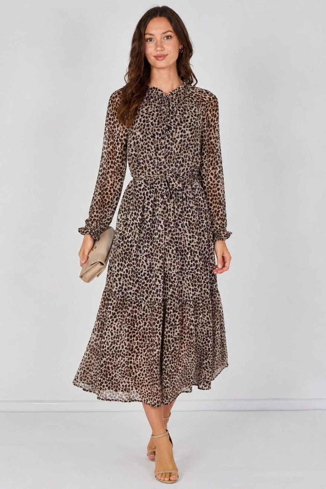 8Pcs Grey Leopard Print Chiffon Belted Maxi Dress