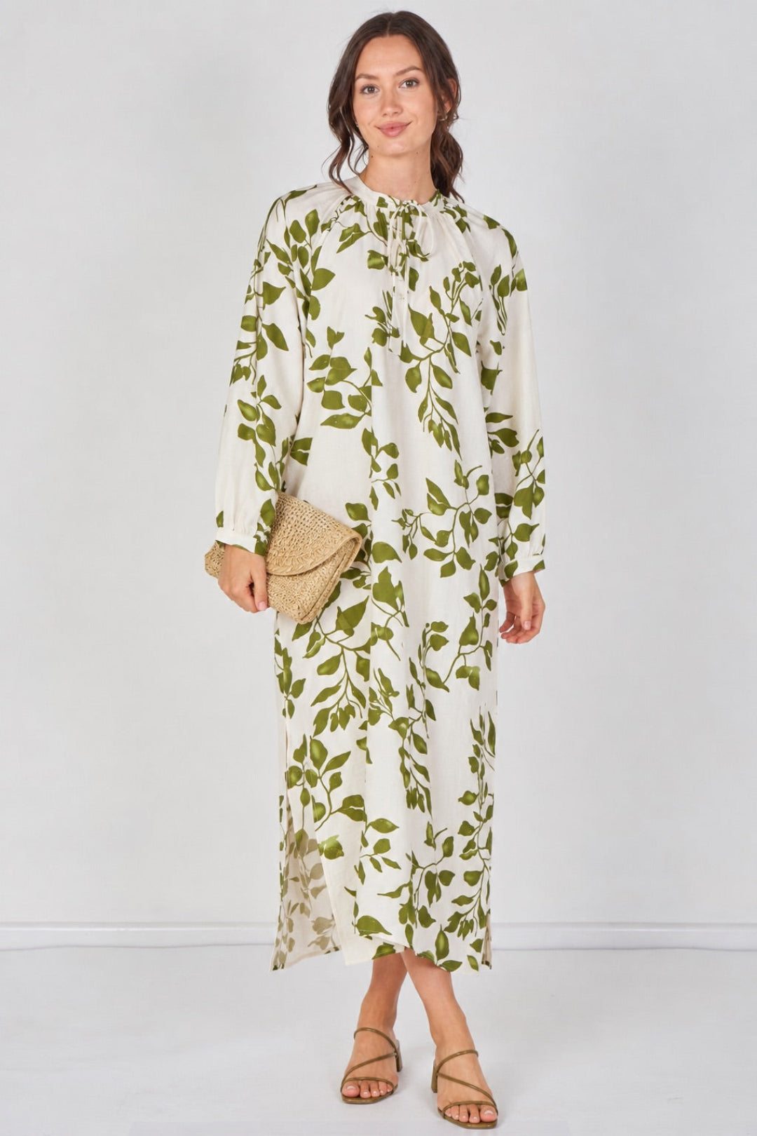 8Pcs Ivory and Olive Leaf Print Maxi Dress