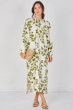 8Pcs Ivory and Olive Leaf Print Maxi Dress