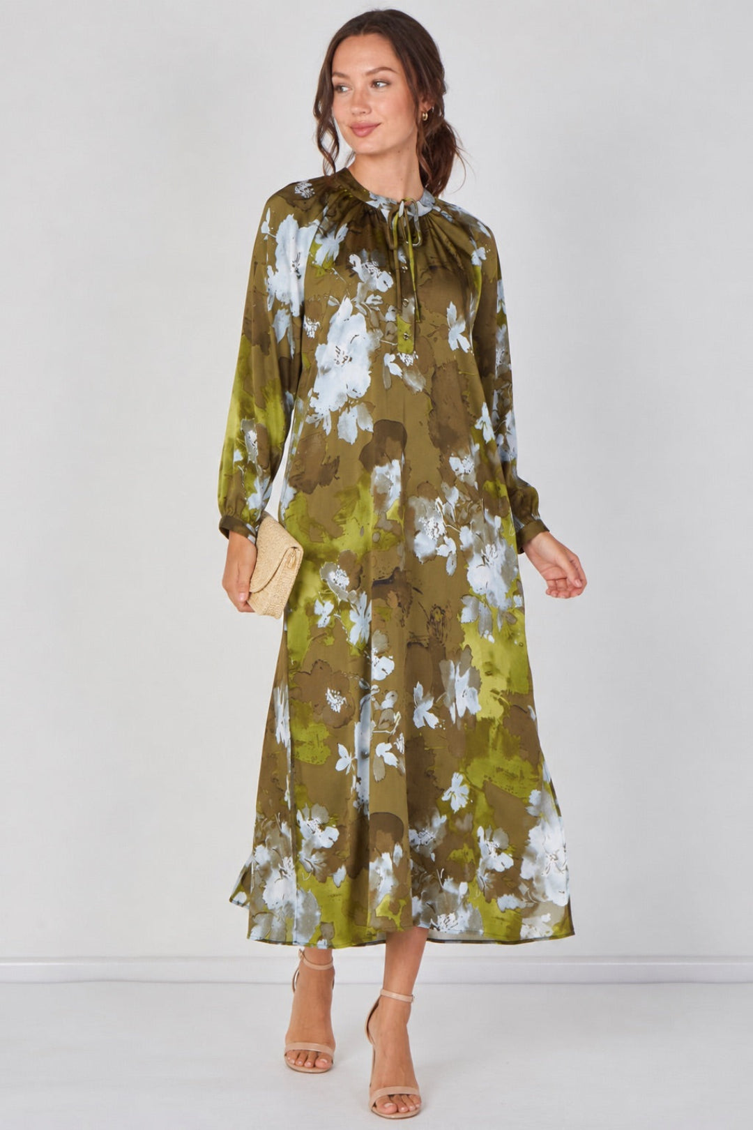 8Pcs Khaki Watercolour Floral Luxury Satin Maxi Dress