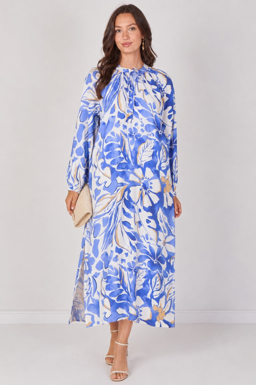 8Pcs Blue Tropical Leaf Print Maxi Dress