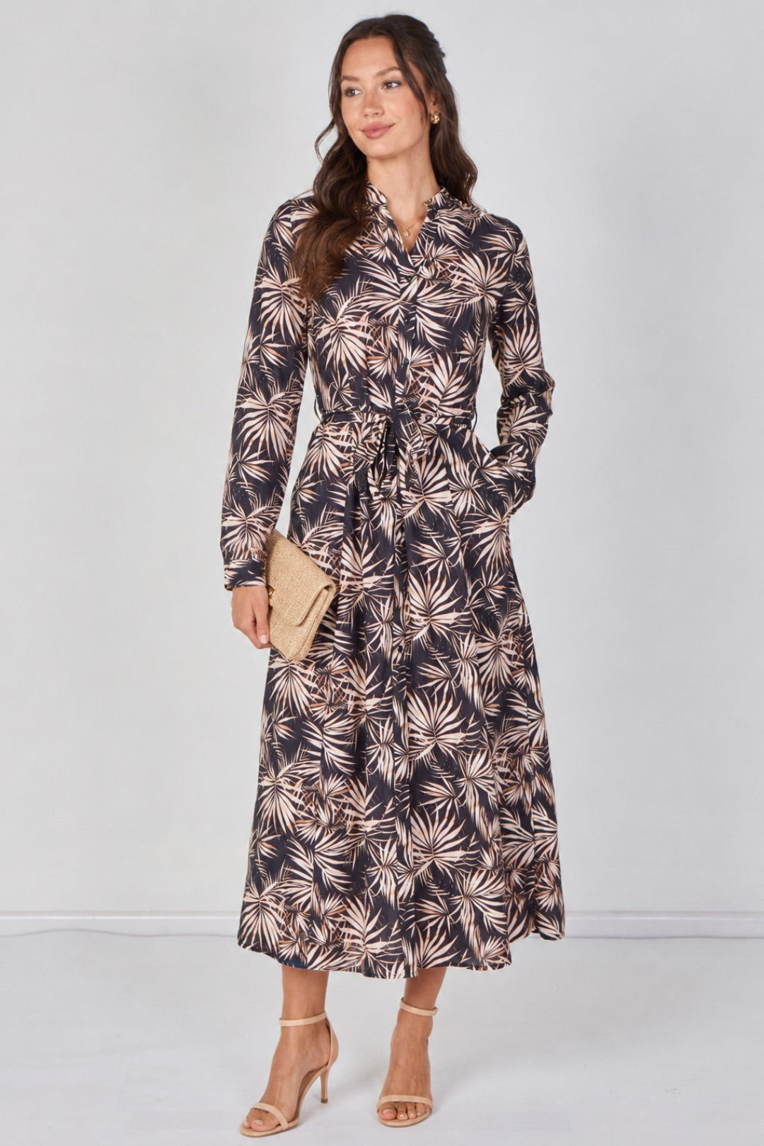 8Pcs Black and Blush Palm Print Belted Maxi Shirt Dress