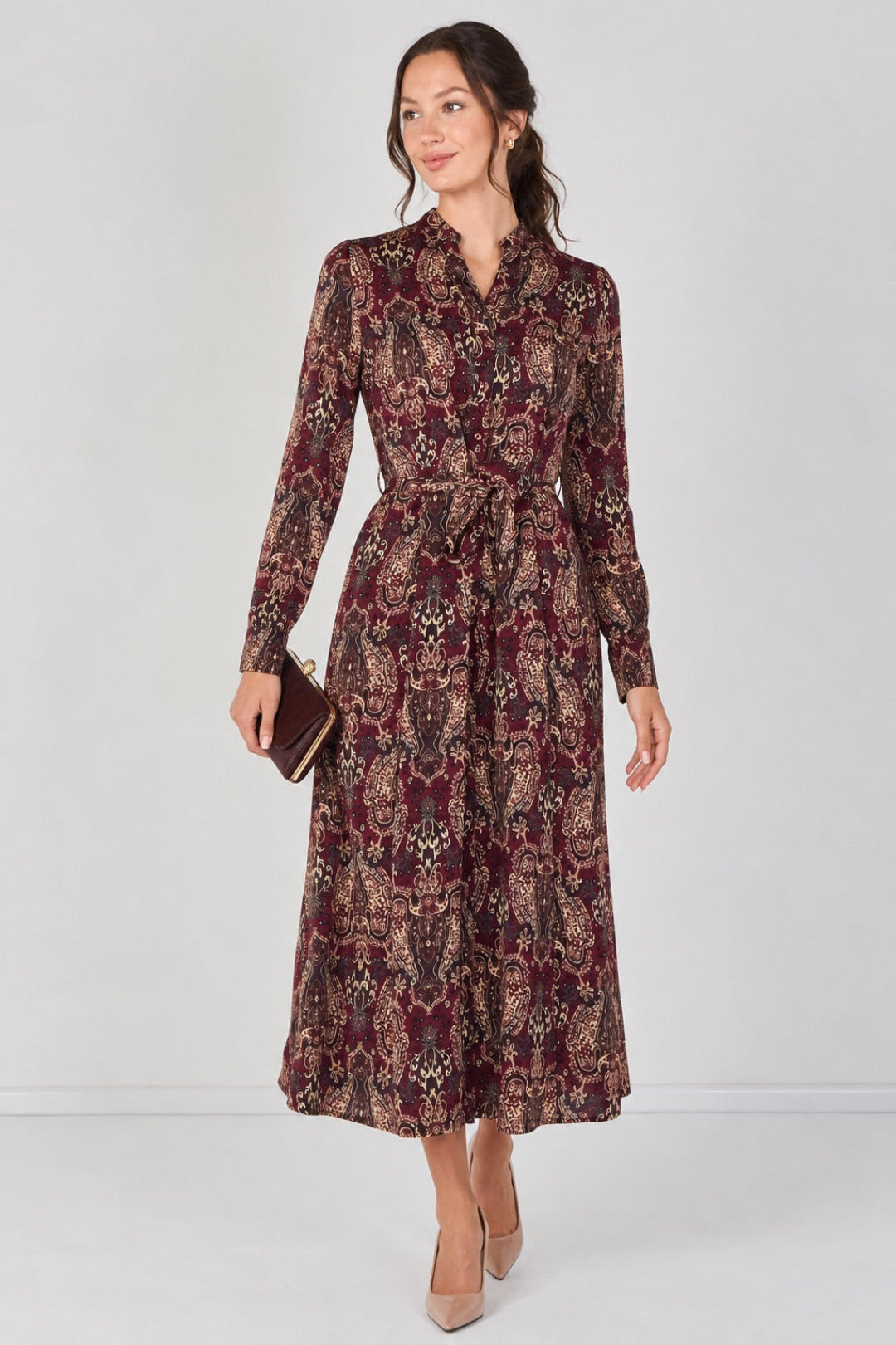 8Pcs Burgundy Paisley Print Belted Maxi Shirt Dress