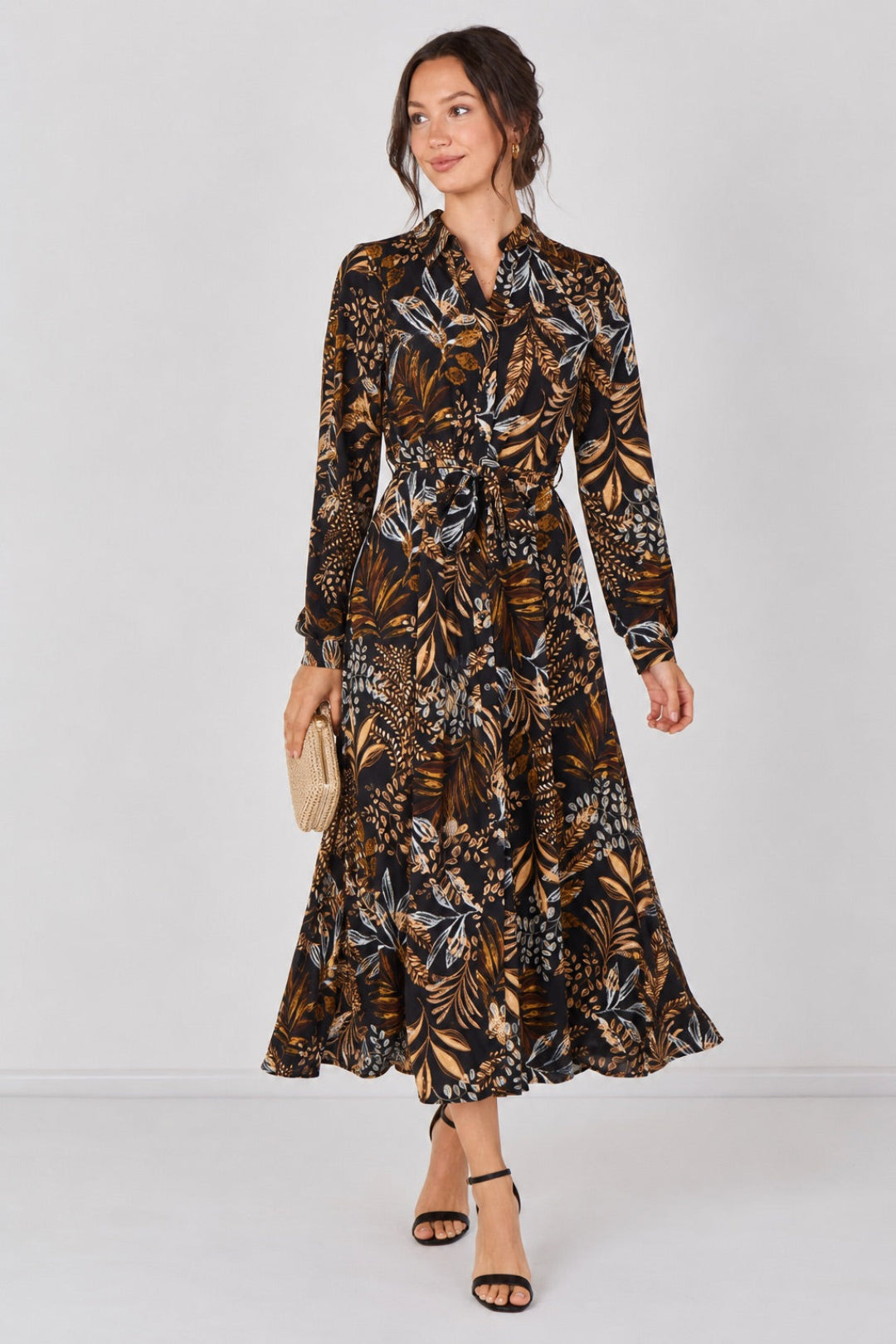8Pcs Black Botanical Print Belted Maxi Shirt Dress