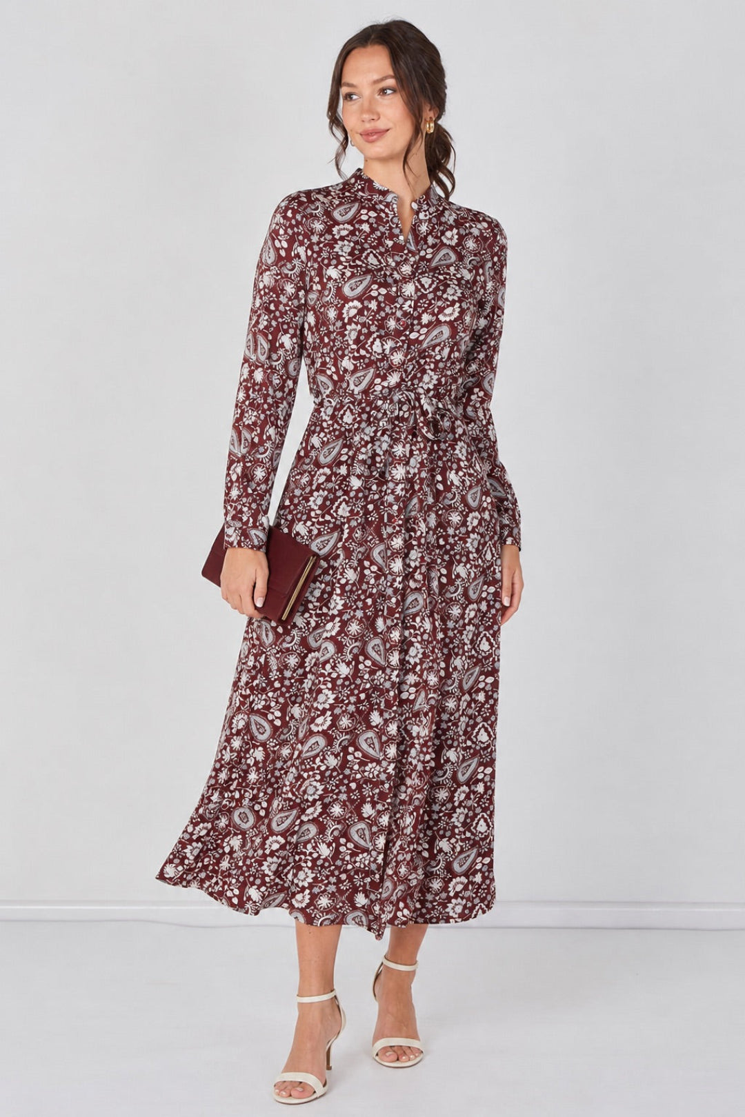 8Pcs Burgundy Paisley Floral Print Belted Maxi Shirt Dress