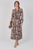 8Pcs Mocha Paisley Print Belted Maxi Shirt Dress
