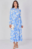 8Pcs Sky Blossom Printed Belted Maxi Shirt Dress